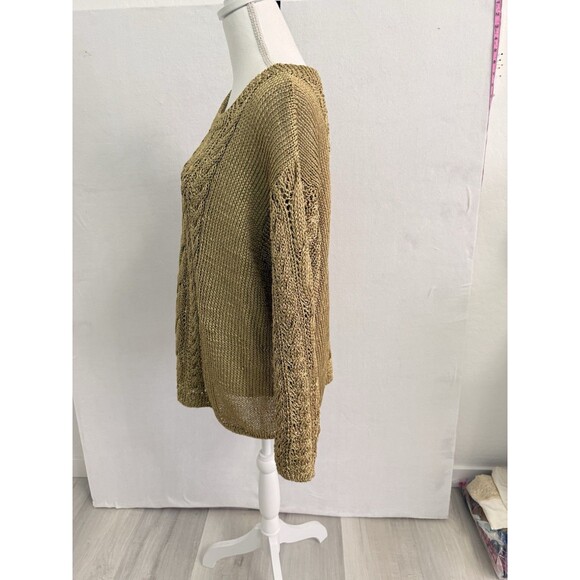 DKNY Donna Karan Large Metallic Gold Open Cable Knit Sweater Hand Knit Y2K - Picture 5 of 10